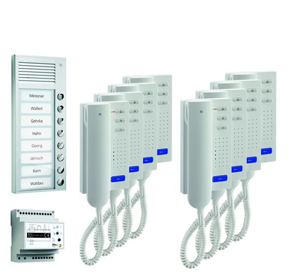TCS sistem za nadzor vrat audio:pack AP za 8 bivalnih enot, z zunanjo postajo PAK 8 tipk za zvonec, 8x domofon ISH3030, krmilna enota BVS20, PPA08-SL/02