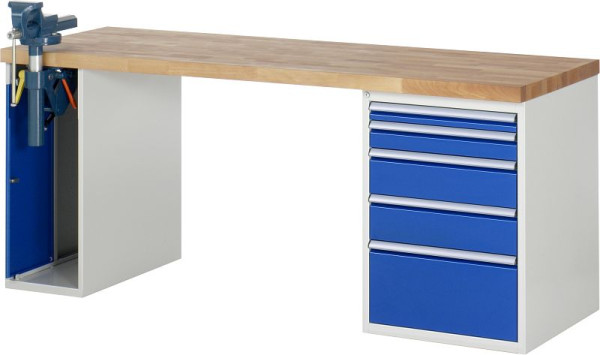 RAU delovna miza serije 7000 - modularna izvedba, 5 x predali, 1 x omarica za primeže, 2000x840x700 mm, 03-7511A2-207B4S.11