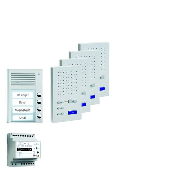 TCS sistem za nadzor vrat audio:paket AP za 4 stanovanjske enote, z zunanjo postajo PAK 4 tipke za zvonec, 4x prostoročni zvočnik ISW3030, krmilna enota BVS20, PPAF04-SL/02