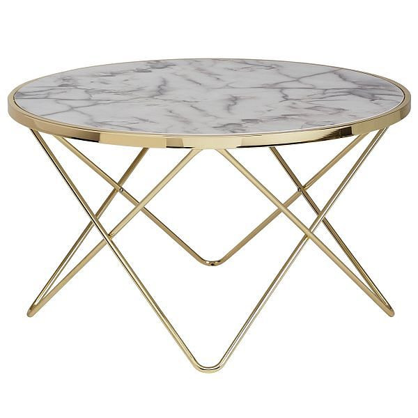 Wohnling Design Klubska mizica Videz marmorja, bela, okrogla, premer 85 cm, zlat kovinski okvir WL5.998