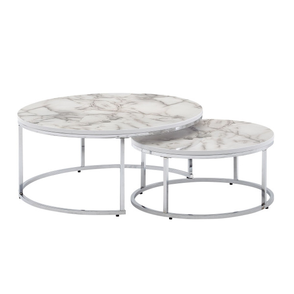 Wohnling klubska mizica, komplet 2 okroglih okroglih modernih stranskih mizic v videzu belega, srebrnega marmorja, mize za kavč, 2 kosov, okrogle kovinske mizice za dnevno sobo WL6.509
