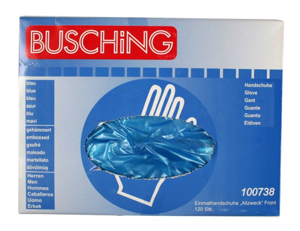 Busching rokavice za enkratno uporabo "univerzalne" modre, odstranjevanje spredaj, 1 x podajalna škatla (po 120), pakiranje po 10 kos, 100738