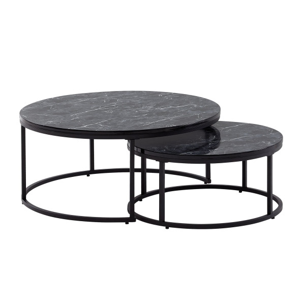 Wohnling komplet klubskih mizic z videzom črnega marmorja okrogla moderna okrogla mizica, stranska mizica 2-delna kovina, okrogle mize za dnevno sobo, dizajnerske mizice, WL6.506
