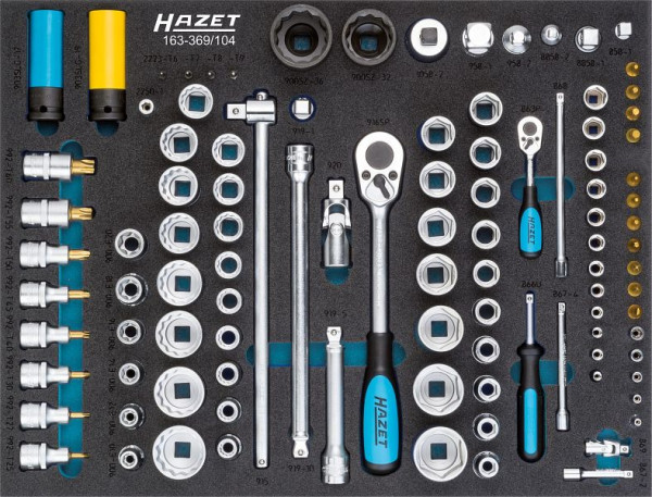 Komplet nasadnih ključev HAZET, votli kvadrat 6,3 mm (1/4 inča), votli kvadrat 12,5 mm (1/2 palca), število orodij: 104, 163-369/104