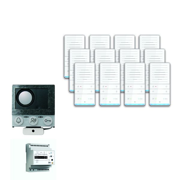 TCS sistem za nadzor vrat audio:paketna instalacija za 12 stanovanjskih enot, z vgrajenim zvočnikom ASI12000, 12x prostoročnim zvočnikom ISW5031, krmilno enoto BVS20, PAIF120/002