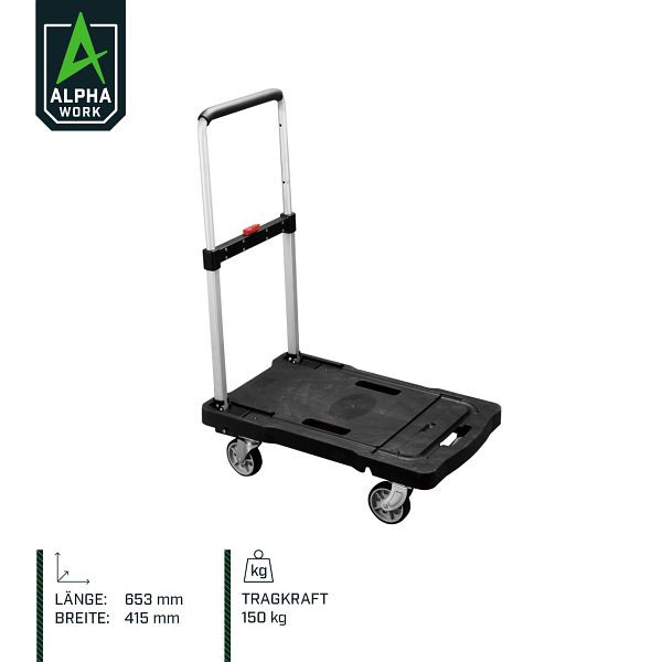 Alpha Work zložljivi voziček, plastična platforma 653x415 mm, 2 vrtljivi kolesi, 2 fiksni kolesi, nosilnost 150 kg, 05903