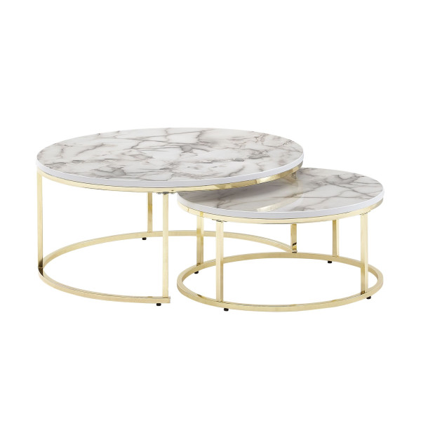 Wohnling komplet klubskih mizic z videzom belega zlata in marmorja okrogla moderna mizica za kavč, 2-delne kovinske klubske mizice, okrogle mize za dnevno sobo, dizajnerske mizice, WL6.508