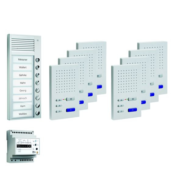 TCS sistem za nadzor vrat audio:paket AP za 8 bivalnih enot, z vhodno postajo PAK 8 tipk za zvonec, 8x prostoročni zvočnik ISW3030, krmilna enota BVS20, PPAF08-SL/02