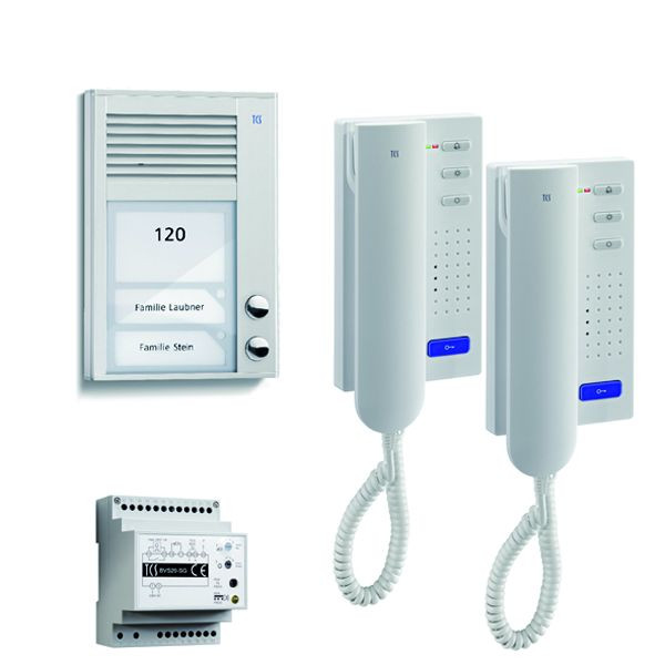 TCS nadzorni sistem audio:paket AP za 2 bivalni enoti, z zunanjo postajo PAK 2 tipki za zvonec AP, 2x domofon ISH3130, krmilna naprava BVS20, PSC2120-0000