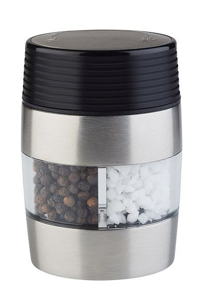 Mlinček za sol in poper APS 2 v 1, 6 x 4,5 cm, višina: 9,5 cm, nerjaveče jeklo, akril, keramični mlin, nastavljiva stopnja mletja, 40544