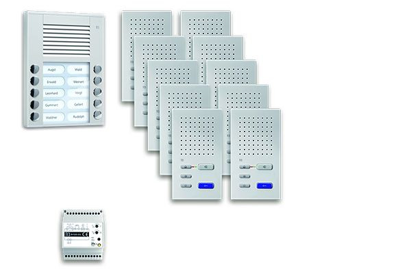 TCS sistem za nadzor vrat audio:pack AP za 10 bivalnih enot, z vhodno postajo PES 10 tipk za zvonec, 10x prostoročni zvočnik ISW3030, krmilna naprava, PPAF10-SL/02