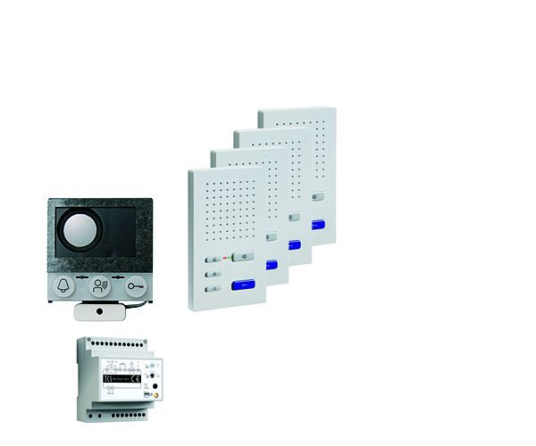 TCS audio:paketna instalacija za 4 stanovanjske enote, z vgrajenim zvočnikom ASI12000 + 4x prostoročni zvočnik ISW3030 + krmilna naprava BVS20, PAIF040/004