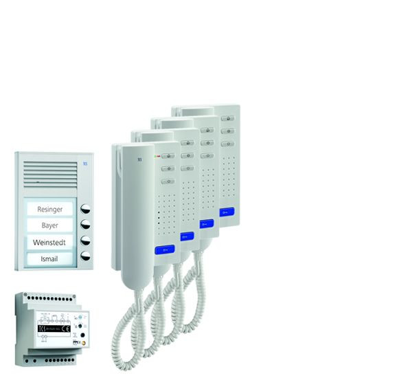 TCS sistem za nadzor vrat audio:paket AP za 4 stanovanjske enote, z zunanjo postajo PAK 4 tipke za zvonec, 4x domofon ISH3030, krmilna enota BVS20, PPA04-SL/02