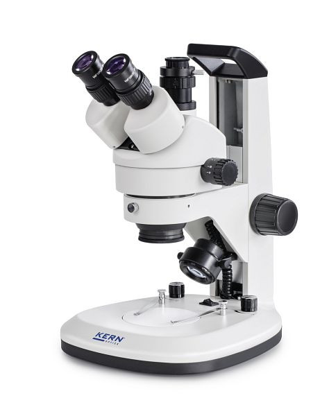 KERN Optics stereo zoom mikroskop, z ročajem, Greenough 0,7 x - 4,5 x, trinokular, okular HWF 10x / Ø 20 mm visoka očesna točka, vgrajen napajalnik, OZL 468