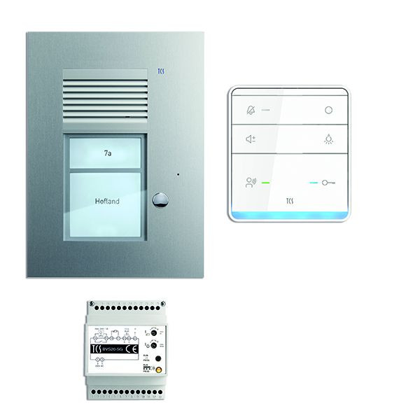 TCS sistem za nadzor vrat audio:paket AP za 1 stanovanjsko enoto, z vhodno postajo PUK, 1 zvonec, 1x prostoročni zvočnik ISW5010, krmilna enota BVS20, PSU2310-0000