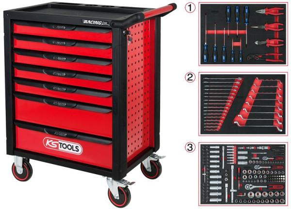 KS Tools RACINGline BLACK/RED delavniški voziček s 7 predali in 215 vrhunskimi orodji, 826.7215