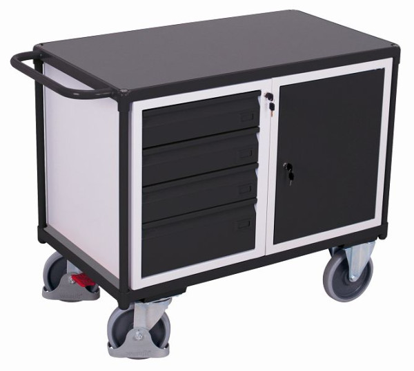 Delavniški voziček VARIOfit z 1 nakladalno površino, zunanje mere: 1.190 x 600 x 930 mm (ŠxGxV), 1 jeklena omarica z krilnimi vrati na zaklepanje, sw-600.698/AG