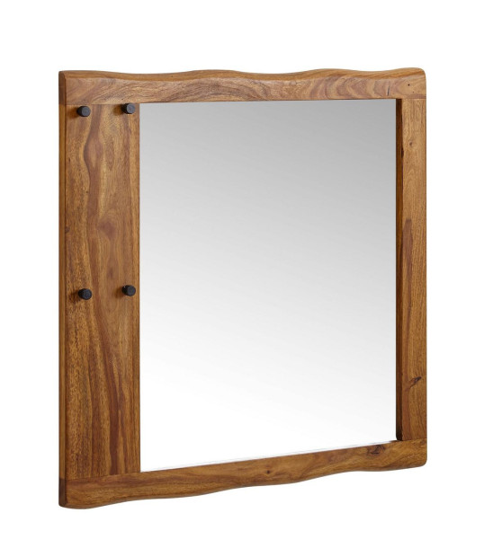 Wohnling Stensko ogledalo Sheesham Masivni les 80x80x3 cm Design Hall Mirror Tree Edge, Moderno viseče ogledalo s kavlji, Veliko stensko ogledalo, WL6.547