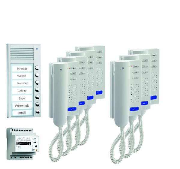 TCS sistem za nadzor vrat audio:paket AP za 7 bivalnih enot, z zunanjo postajo PAK 7 tipk za zvonec, 7x domofon ISH3030, krmilna enota BVS20, PPA07-SL/02