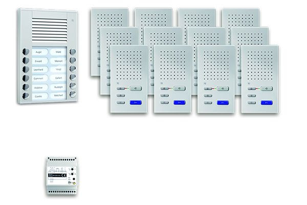 TCS sistem za nadzor vrat audio:pack AP za 12 bivalnih enot, z vhodno postajo PES 12 tipk za zvonec, 12x prostoročni zvočnik ISW3030, krmilna naprava, PPAF12-SL/02