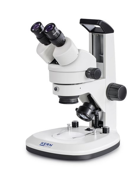 KERN Optics stereo zoom mikroskop, z ročajem, Greenough 0,7 x - 4,5 x, daljnogled, okular HWF 10x / Ø 20 mm visoka očesna točka, vgrajen napajalnik, OZL 467