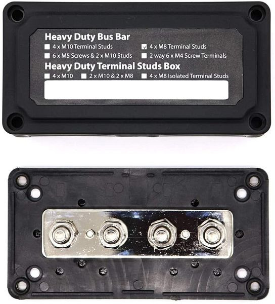 Offgridtec BusBar Box 4 x M8 priključni vijaki, vključno s pokrovom in pritrdilnimi vijaki črne barve, 8-01-012830