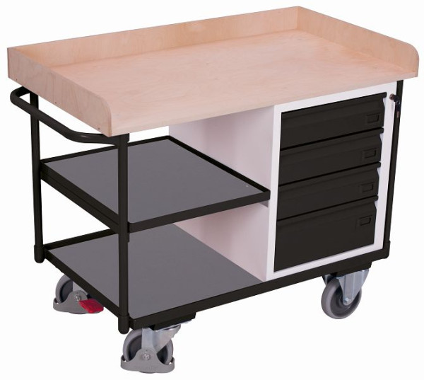 Delavniški voziček VARIOfit s 3 nakladalnimi območji, zunanje mere: 1.220 x 640 x 955 mm (ŠxGxV), 1 predalna omarica s 4 valjčnimi ležaji, sw-600.612/AG