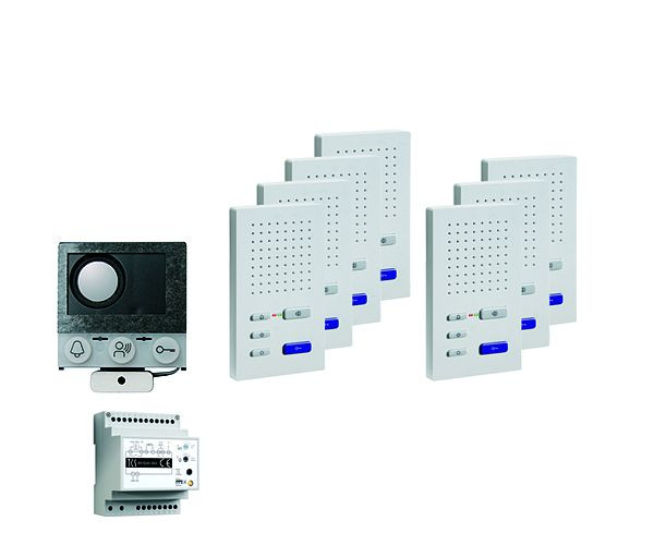 TCS audio:paketna instalacija za 7 stanovanjskih enot, z vgrajenim zvočnikom ASI12000 + 7x prostoročni zvočnik ISW3030 + krmilna naprava BVS20, PAIF070/004