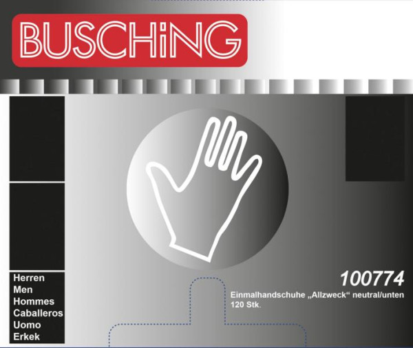 Busching rokavice za enkratno uporabo "univerzalne", brezbarvne, snemanje z dna, 1 x podajalna škatla (po 120), pakiranje: 10 kosov, 100774