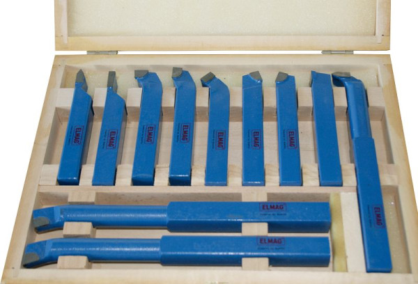 ELMAG set za struženje jekla 25x25 mm, 11 kosov, s spajkanimi HM ploščami, v lesenem kovčku, 89159