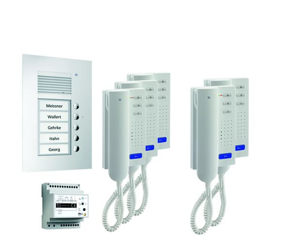 TCS sistem za nadzor vrat audio:pack UP za 5 stanovanjskih enot, z zunanjo postajo PUK 5 tipk za zvonec, 5x domofon ISH3030, krmilna enota BVS20, PPU05-SL/02