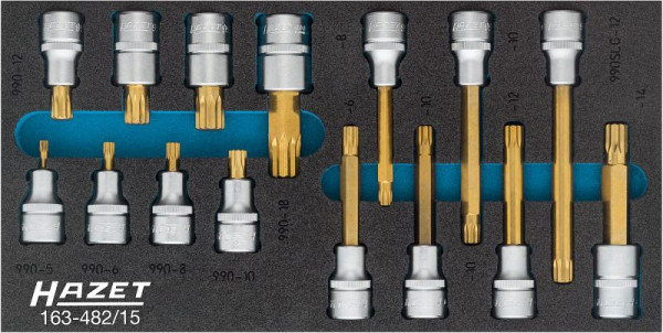 Garnitura ključev za izvijače Hazet, XZN, votel kvadrat 12,5 mm, notranji večzobni profil XZN, M5 - M12, 163-482/15