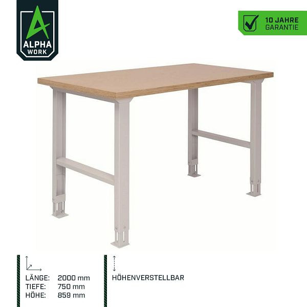 Delovna miza Alpha Work prime row, 2000 x 859 x 750 mm, svetlo siva, nastavljiva po višini, 07671