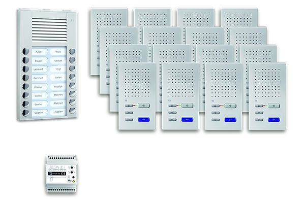 TCS sistem za nadzor vrat audio:pack AP za 16 bivalnih enot, z vhodno postajo PES 16 tipk za zvonec, 16x prostoročni zvočnik ISW3030, krmilna naprava, PPAF16-SL/02