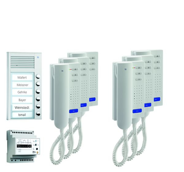 TCS sistem nadzora vrat audio:paket AP za 6 bivalnih enot, z zunanjo postajo PAK 6 tipk za zvonec, 6x domofon ISH3030, krmilnik BVS20, PPA06-SL/02