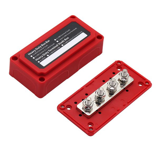 Offgridtec BusBar Box Red 4 x M8 priključni vijaki, vključno s pokrovom in pritrdilnimi vijaki, 8-01-012831