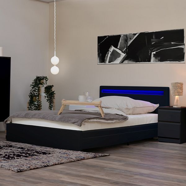 HOME DELUXE LED postelja NUBE s predali in vzmetnico - barva: črna, velikost: 140 x 200 cm, izvedba: z vzmetnico, 16876-31711
