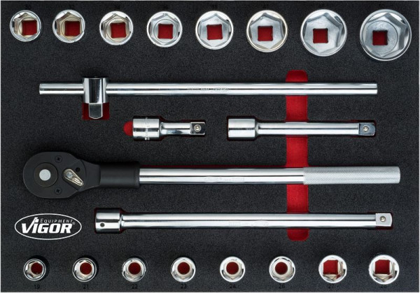 Garnitura nasadnih ključev VIGOR, število orodij: 21, vložek iz 2K mehke pene, velikost vložka / velikost predala: L (563 x 393 x 35 mm), V5109