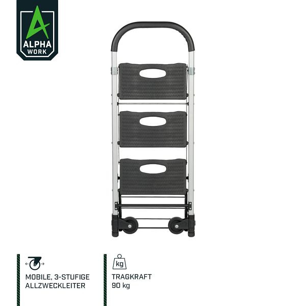 Alpha Work Mobile večnamenska lestev/transportni voziček, zložljiv, 3 stopnice, nosilnost 90 kg kot voziček, 05902