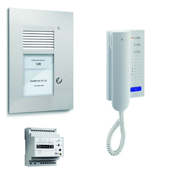 TCS sistem za nadzor vrat audio:pack UP za 1 bivalno enoto, z vhodno postajo PUK, 1 tipko za zvonec, 1x domofon ISH3130, krmilnik BVS20, PSU2110-0000