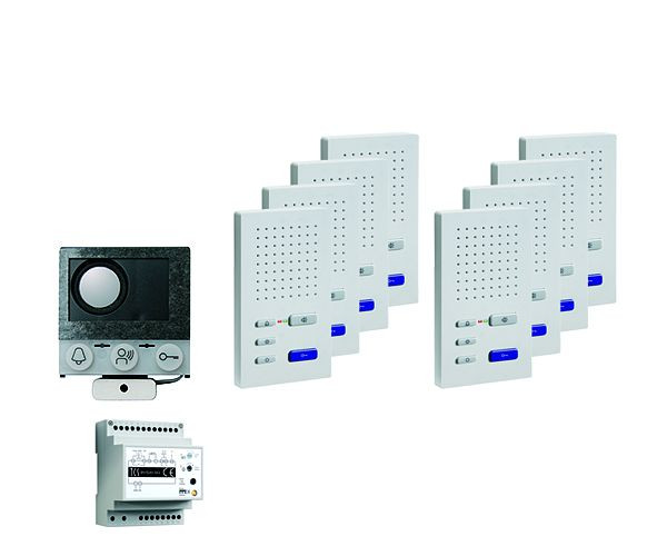TCS audio:paketna instalacija za 8 stanovanjskih enot, z vgrajenim zvočnikom ASI12000 + 8x prostoročnim zvočnikom ISW3030 + krmilno napravo BVS20, PAIF080/004