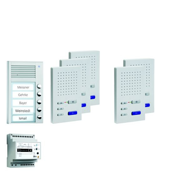 TCS sistem za nadzor vrat audio:paket AP za 5 bivalnih enot, z zunanjo postajo PAK 5 tipk za zvonec, 5x prostoročni zvočnik ISW3030, krmilna enota BVS20, PPAF05-SL/02