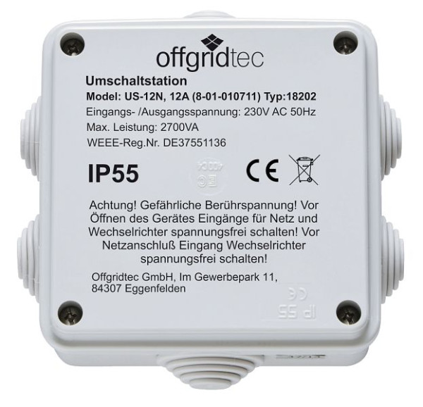 Offgridtec stikalna postaja za prednostno preklapljanje omrežja US-12 230V 12A 2700W 230VAC, 8-01-010710