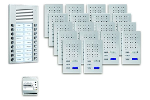 TCS sistem za nadzor vrat audio:pack AP za 18 bivalnih enot, z vhodno postajo PES 18 tipk za zvonec, 18x prostoročni zvočnik ISW3030, krmilna naprava, PPAF18-SL/02