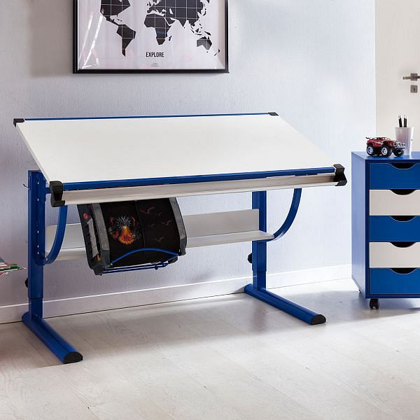 Wohnling Design otroška pisalna miza MORITZ les 120 x 60 cm modra / bela, nastavljiv naklon, WL5.127