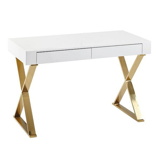 Wohnling Pisalna miza 118x76x57 cm, les, visok sijaj, bele kovinske noge, zlati dizajn, računalniška miza PC miza, pisarniška miza, moderna WL6.314