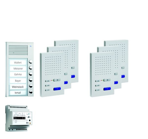 TCS sistem za nadzor vrat audio:pack AP za 6 bivalnih enot, z zunanjo postajo PAK 6 tipk za zvonec, 6x prostoročni zvočnik ISW3030, krmilnik BVS20, PPAF06-SL/02